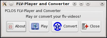 To start, click on PC-MENU > Audio > PCLInuxOS FLV Player and Converter. To read what it does, click on the About button, and you will see this: