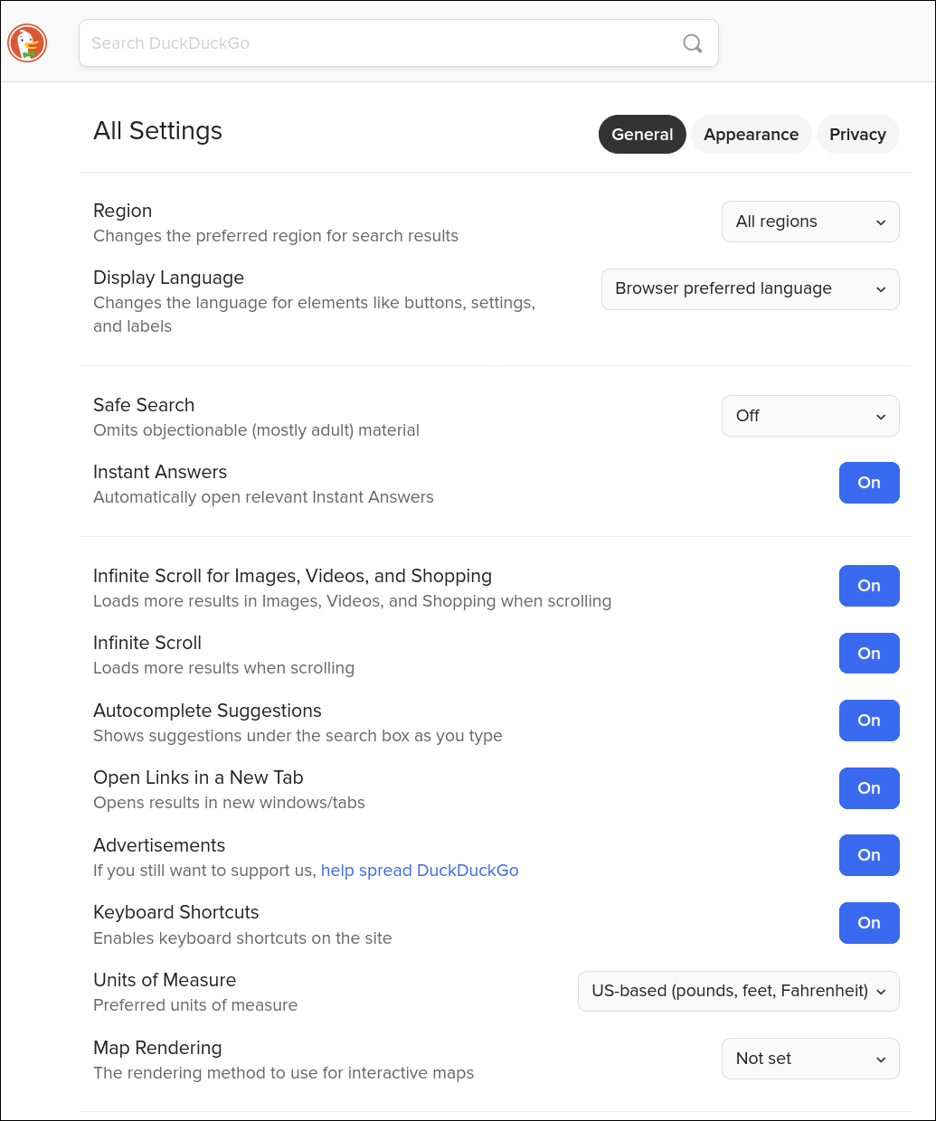 Duck Duck Go All Settings
