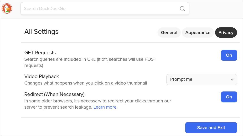 Duck Duck Go All Settings Privacy