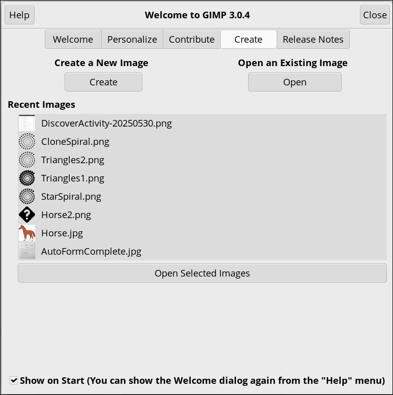 Welcome Screen (Create tab)